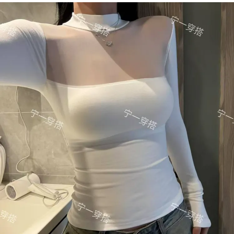 NY7013 网纱拼接半高领打底衫纯欲长袖T恤上衣宁一时尚带胸垫内搭