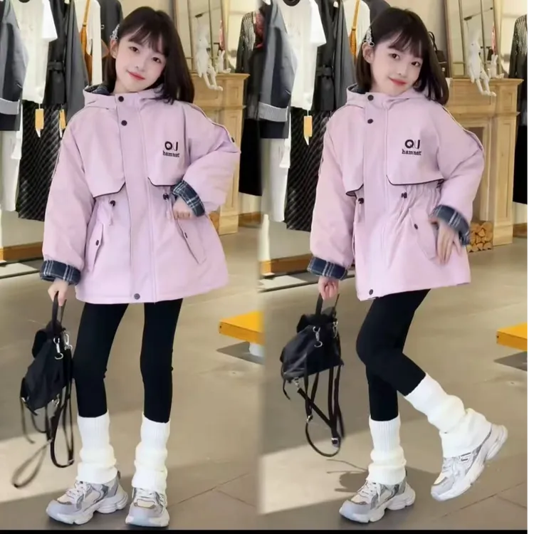 （加绒加厚）女童2025秋冬新款中大童连帽格子拼接棉服收腰派克服