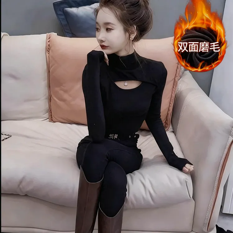 德绒保暖欧货长袖恤女秋冬新款显瘦镂空半高领内搭上衣内搭推荐