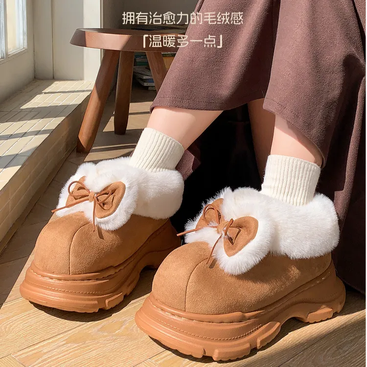 新款中帮蝴蝶结绒面毛口棉鞋女秋冬季加绒保暖厚底防滑雪地靴女鞋