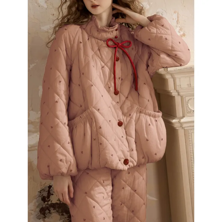 蝴蝶结印花棉衣三层夹棉睡衣女冬加厚立领棉服外套保暖家居服套装