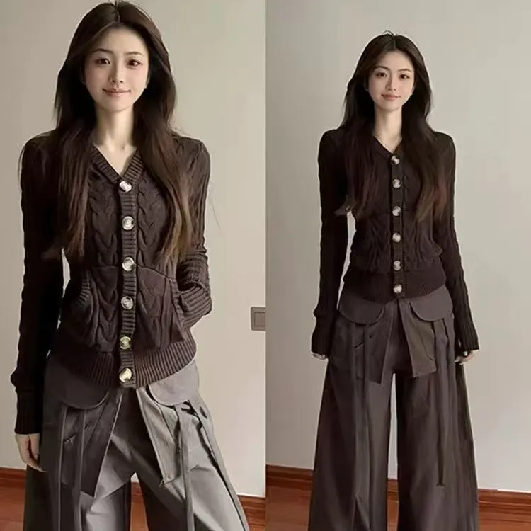 学院风韩系麻花毛衣外套针织开衫女连帽短修身显瘦古早感复古上衣