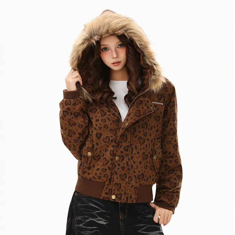 美式复古街头辣妹风短款宽松时尚豹纹爱心满印麂皮绒毛领连帽棉服