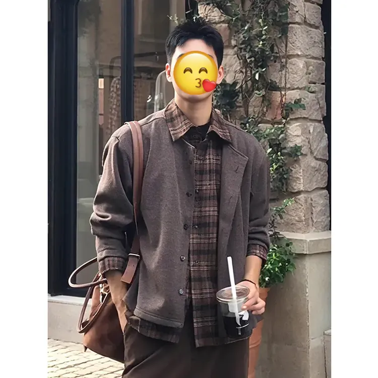 老钱风衬衫领假两件针织开衫外套男款韩系氛围感早秋穿搭短款夹克