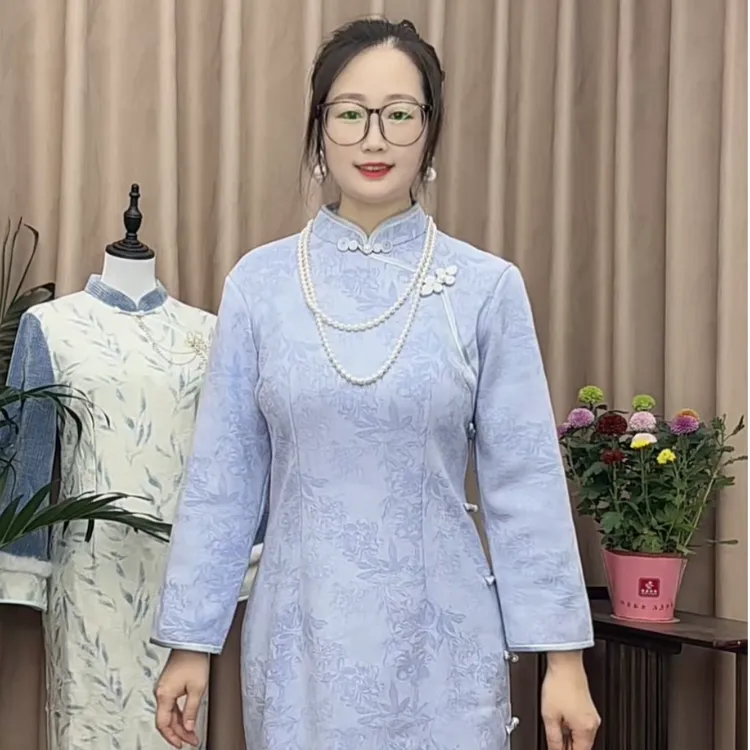 【花雪】冬季加绒保暖修身微弹中长裙改良旗袍-衣长1.15米