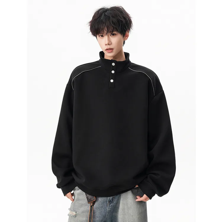 400g重磅美式休闲立领卫衣男秋季排扣设计宽松百搭套头衫高街上衣