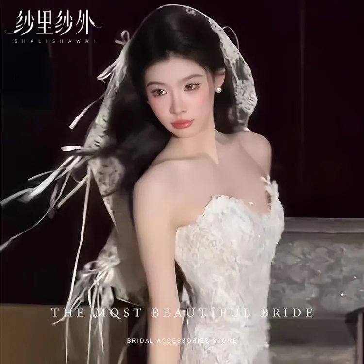 复古蕾丝蝴蝶结丝带小头纱头饰新娘法式造型拍照旅拍婚纱配饰大气