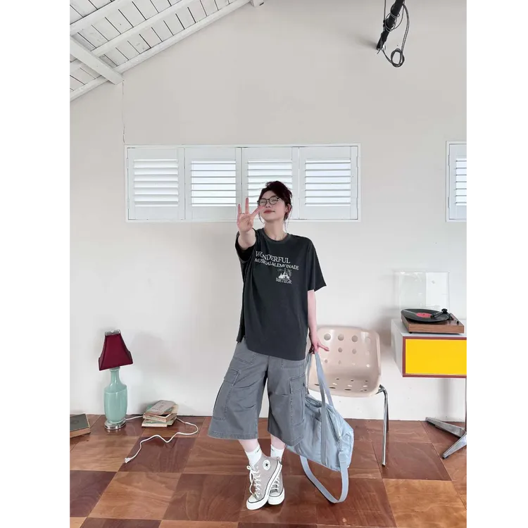 晶咕【克罗地亚】高街美式多口袋高腰宽松阔腿工装七分裤