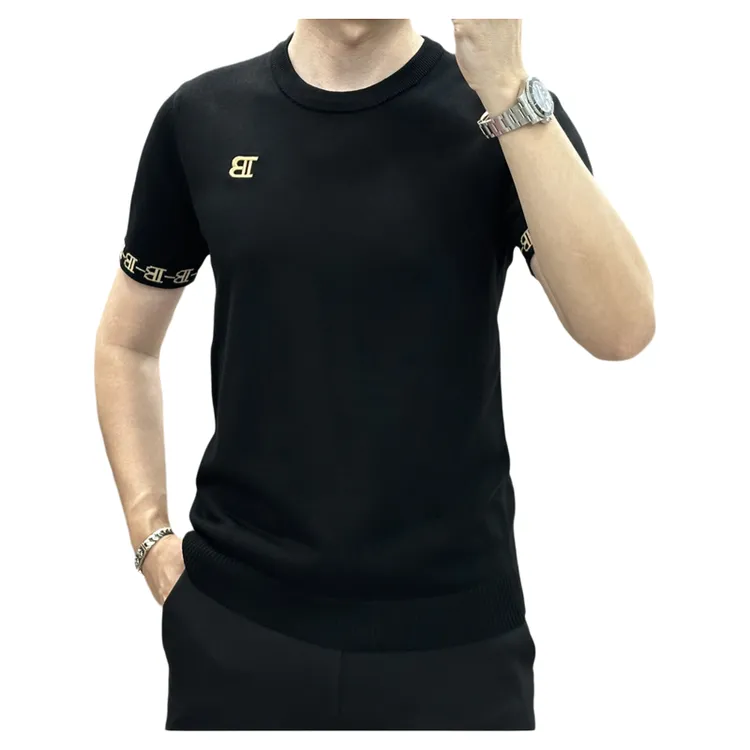 秋季新款时尚百搭男士短袖针织衫毛衣休闲轻奢商务圆领刺绣打底潮