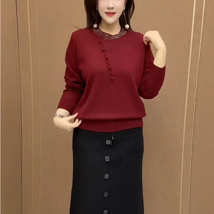 2025年新中式纯色烫钻圆领针织衫中年女士百搭毛衣大码显瘦打底衫