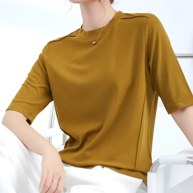 腾坊春夏款高品质弹力棉设计感肩线显瘦中袖T恤女五分袖上衣8022