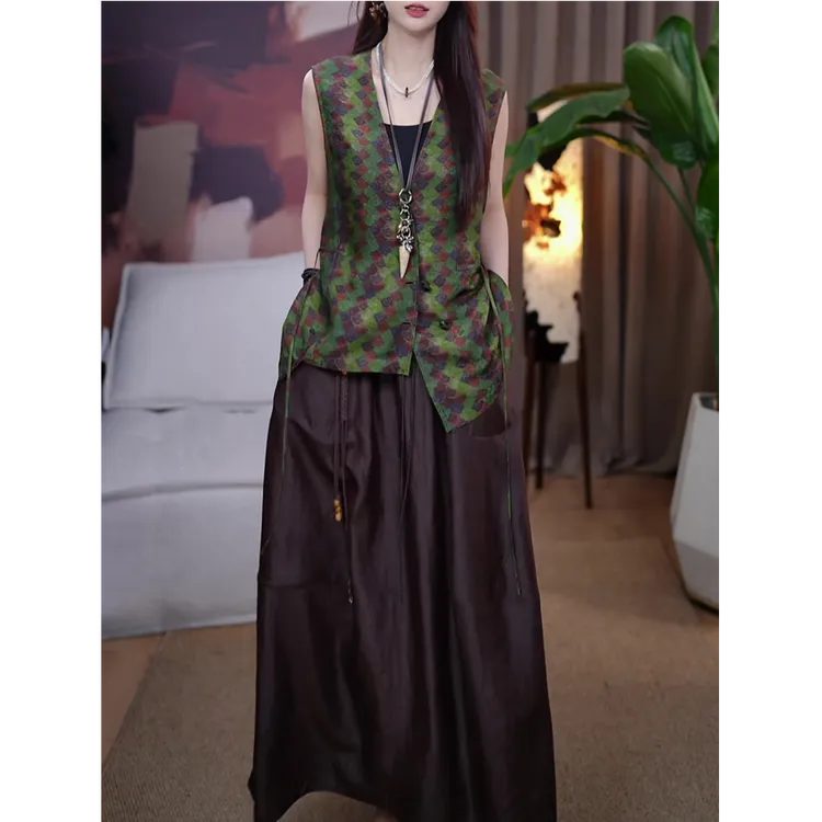 文艺民族风时尚套装女2025夏季新款修身显瘦休闲马甲+百搭半身裙