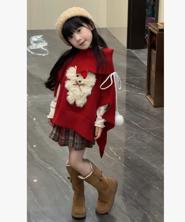 女童装百搭宽松圣诞毛衣 2025冬季加绒短裙红色可爱小狗斗篷针织