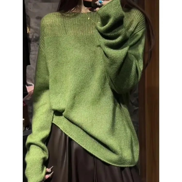 法式纯色长袖镂空一字肩绿色上衣女2025早秋高级感设计感针织衫