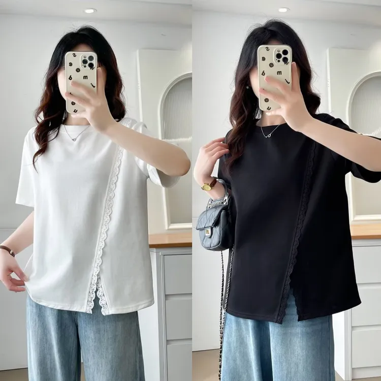 大码胖mm洋气设计感蕾丝拼接不规则显瘦T恤夏季新款时尚百搭上衣