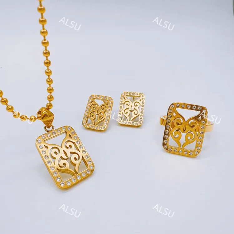 合金项链 ALSU原创新款轻奢简约项链耳钉戒指三件套百搭时尚气质