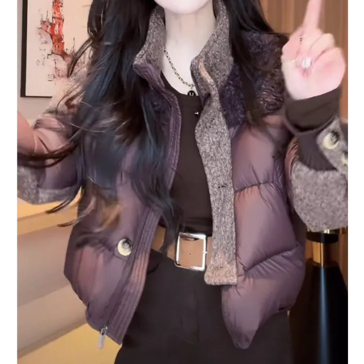 时尚复古立领拼接保暖棉服外套女2025冬季新款轻奢设计感百搭上衣