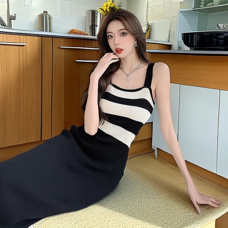 5950#条纹针织撞色吊带连衣裙女装夏季中长款开叉收腰气质裙子