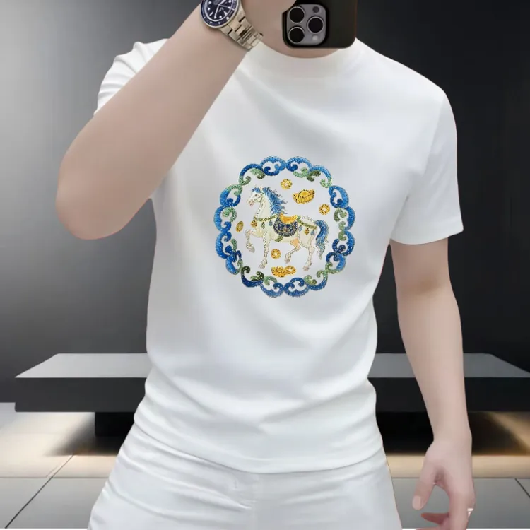 新款国潮秋冬元宝马男女纯棉轻奢潮流烫钻品质短袖T恤衫百搭打底