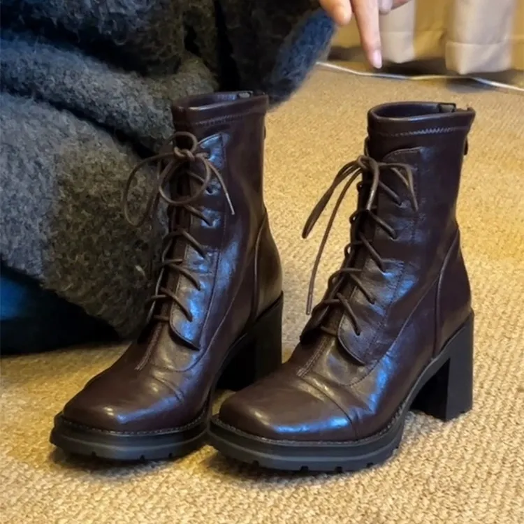 牛皮版~高跟方头气质黑色粗跟马丁靴女系带英伦风复古侧拉链短靴