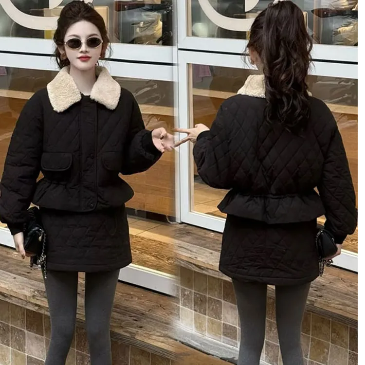 【有运费险】时尚套装女2025冬季新款时髦洋气羊羔毛拼接棉衣两件套