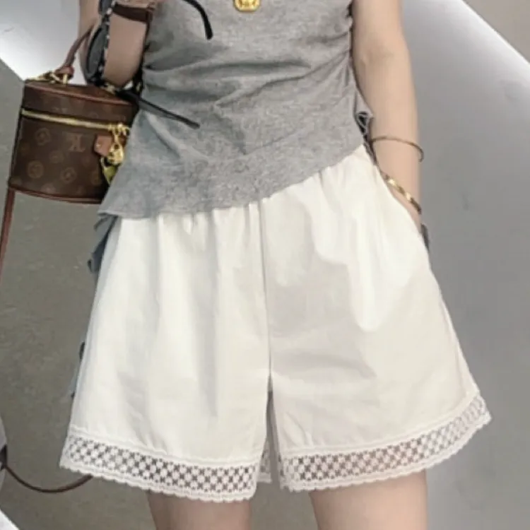 【纯棉-做过洗水-后期不缩水】镂空大花边休闲夏新款高腰阔腿短裤