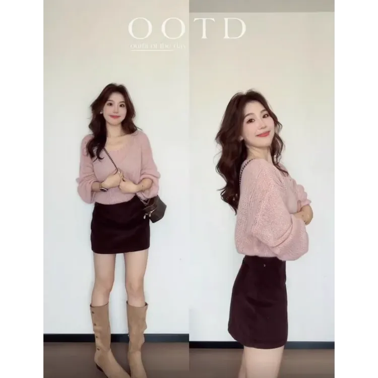 MARIE.COCO巨好看的早秋穿搭一整套女百搭灯笼袖针织衫+A字半身裙