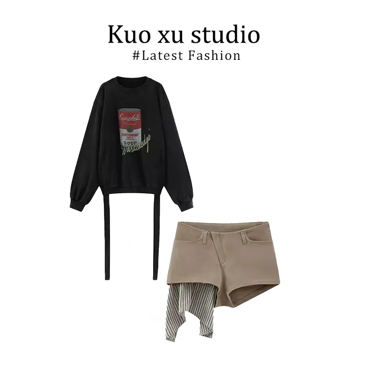 美式街头风罐头印花圆领卫衣长袖女秋季做旧辣妹上衣高腰显瘦短裤