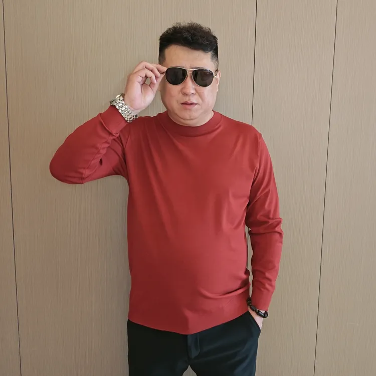 男士纯色修身春季加肥加大百搭圆领休闲长袖针织打底衫大码男装DS