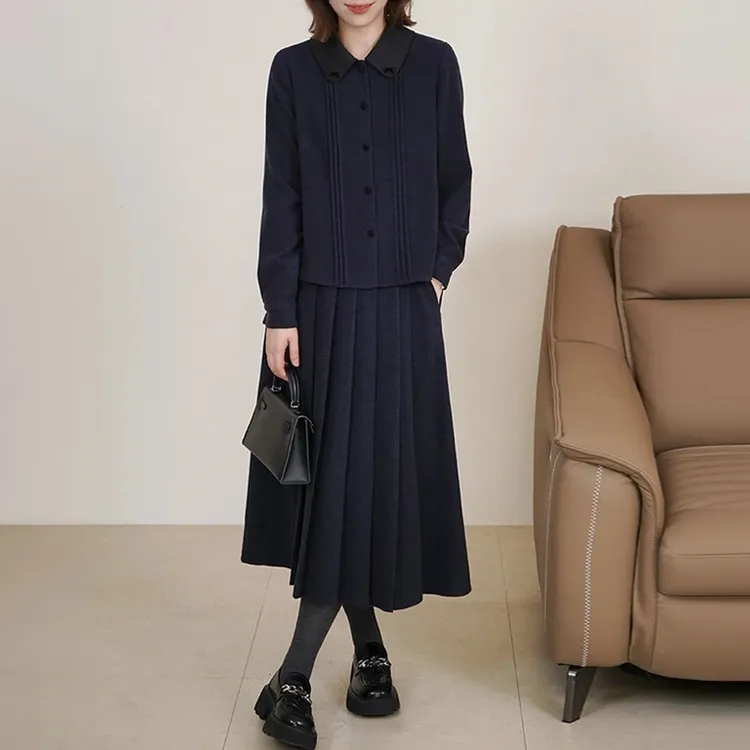 时尚减龄气质套装女2025冬季新款翻领长袖外套高腰半身裙两件套潮