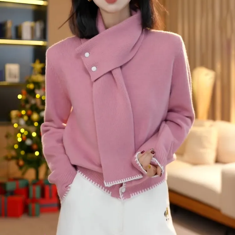 设计感减龄显瘦长袖上衣女2025冬季新款撞色牙边活动围巾针织开衫