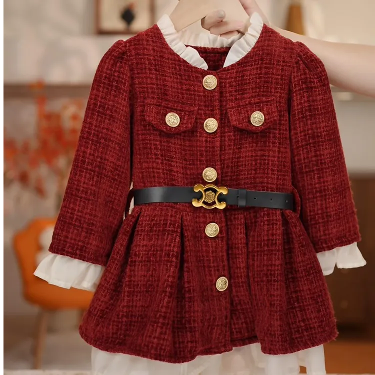 77353女童小香风秋冬加绒连衣裙新款红色花边公主裙儿童过年裙子