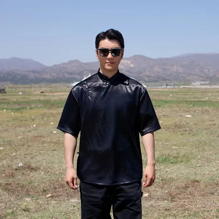 Adiya brand民族风短袖夏季复古宽松立领蒙古元素男士