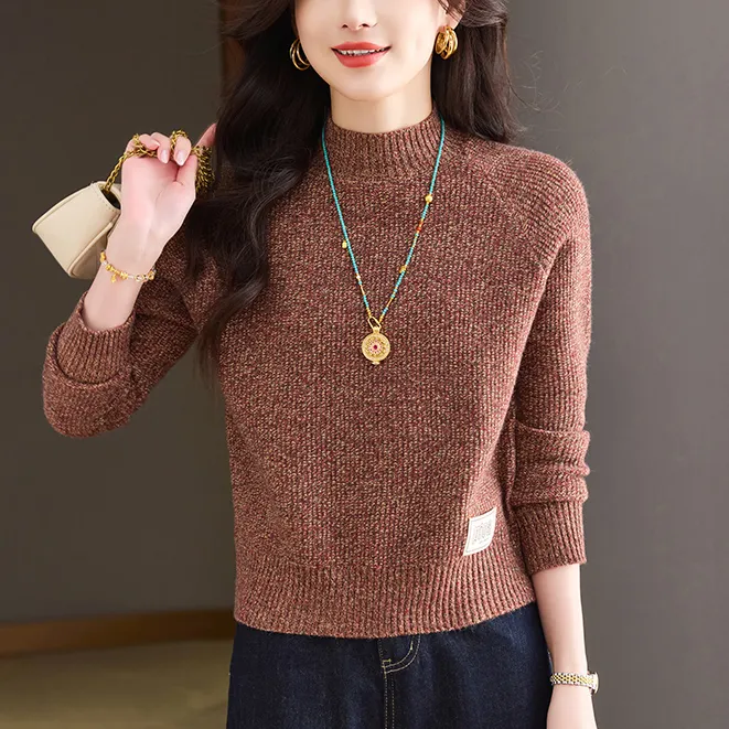 冬季新款洋气时尚花纱短款半高领女毛衣宽松显瘦加厚针织打底衫