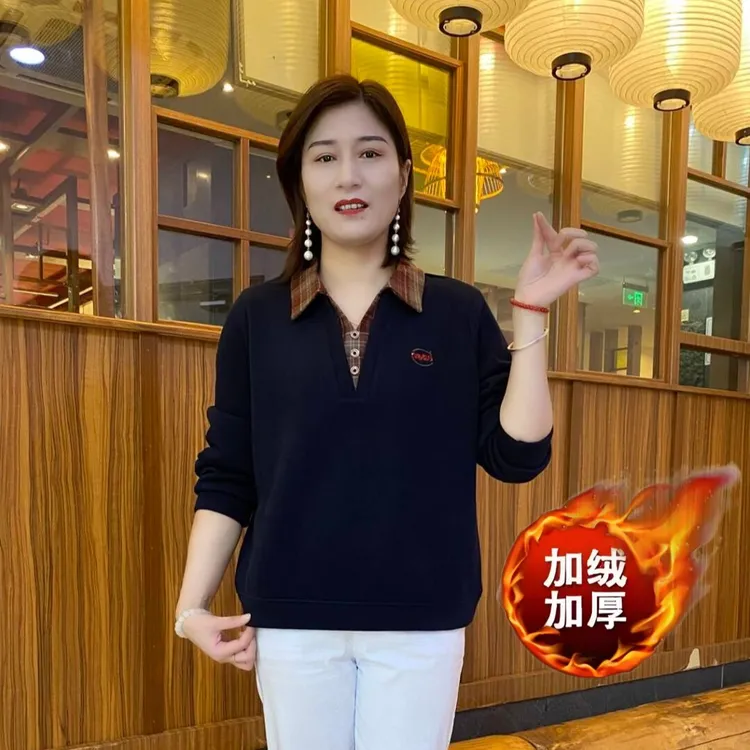 秋冬新款时尚加绒显瘦极简风韩版假两件常规中老年女装翻领