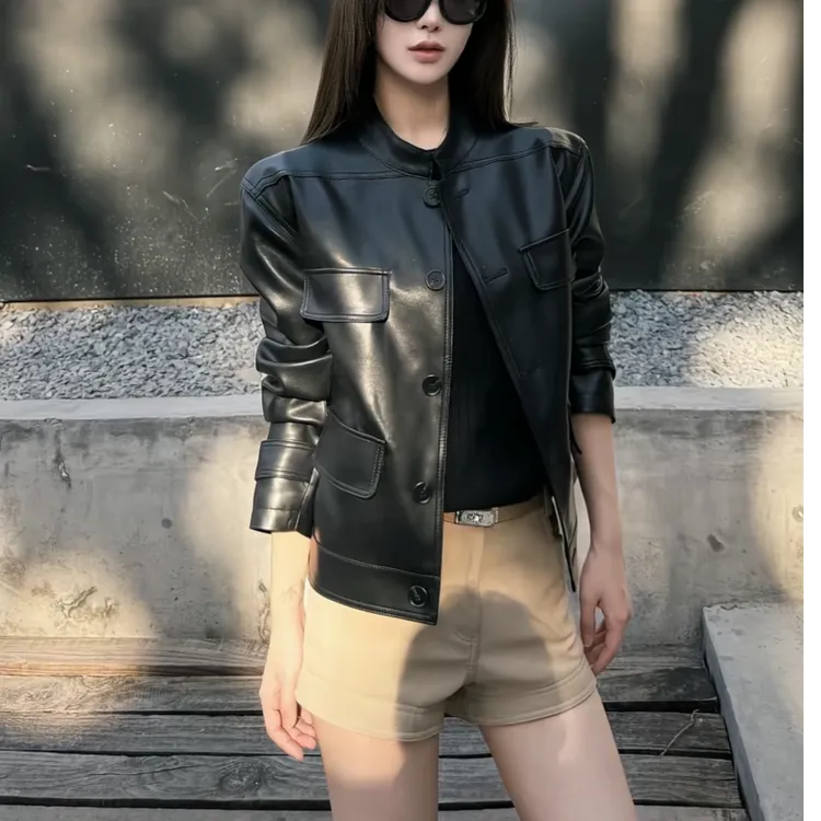 加州时光  短款工装风立领插肩袖哑光软皮皮衣秋丹宁风