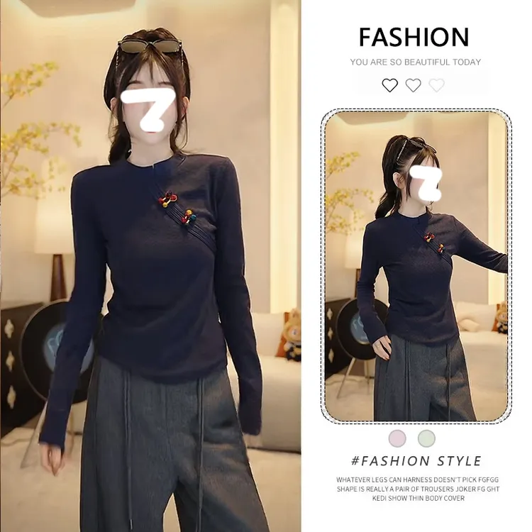 新中式国风盘扣拼接女士长袖T恤复古时尚内搭显瘦打底衫减龄上衣