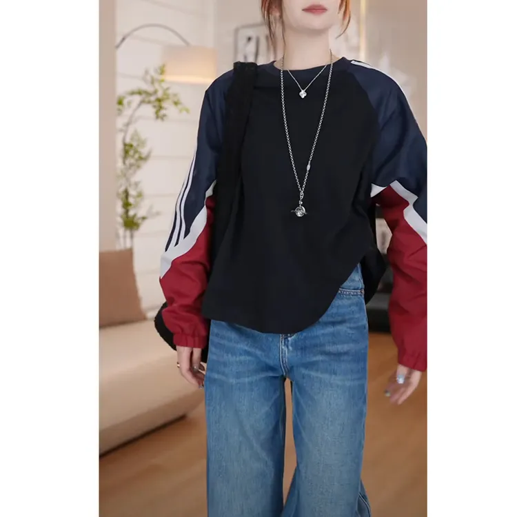 秋季新款宽松慵懒风条纹拼色套头卫衣女高级感时尚休闲百搭上衣潮