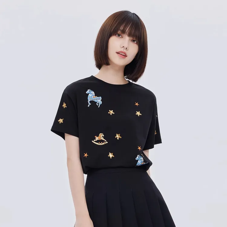 100%棉小马刺绣短袖t恤女2025新款上衣今年流行爆款夏季宽松1437