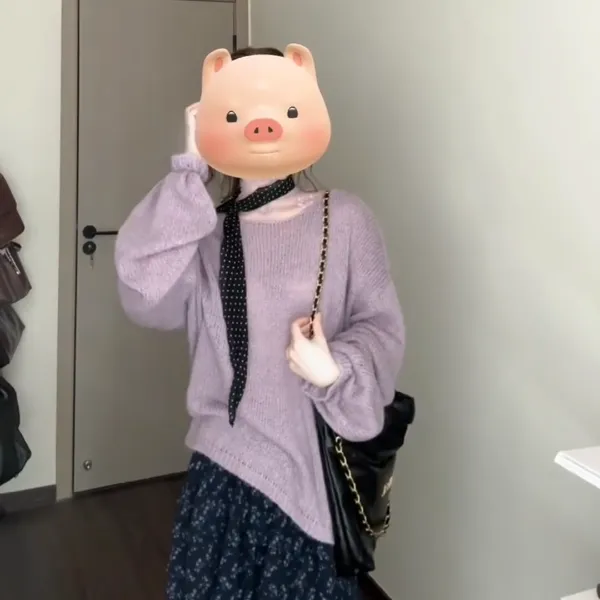 紫色针织毛衣女秋冬新款独特超好看宽松碎花裙子两件套