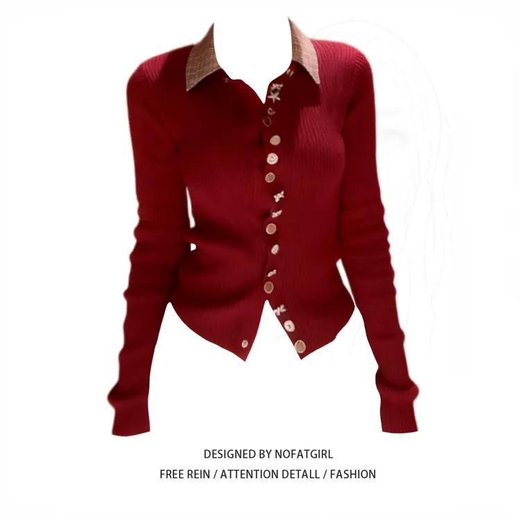 大码胖MM圣诞氛围感红色polo领长袖针织衫女秋冬新款修身绝美上衣