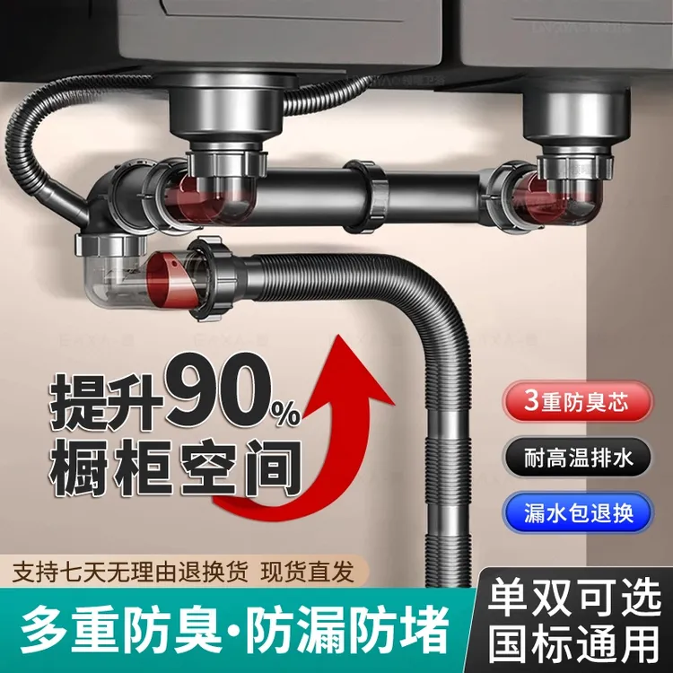九牧王厨房水槽洗菜盆下水管防臭神器洗碗池单双槽排水省空间配件