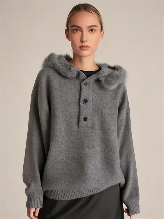 美式复古冬季连帽针织衫外套男女老钱风慵懒感毛毛领保暖宽松毛衣