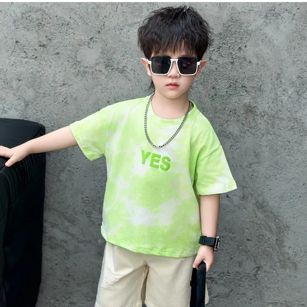 男小童夏装翅膀扎染T恤上衣2025新款时髦男孩短袖宝宝夏季潮