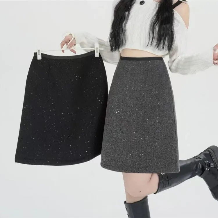 大码2025冬季新版百搭小香风闪闪重工亮片高腰A字中裙半身裙