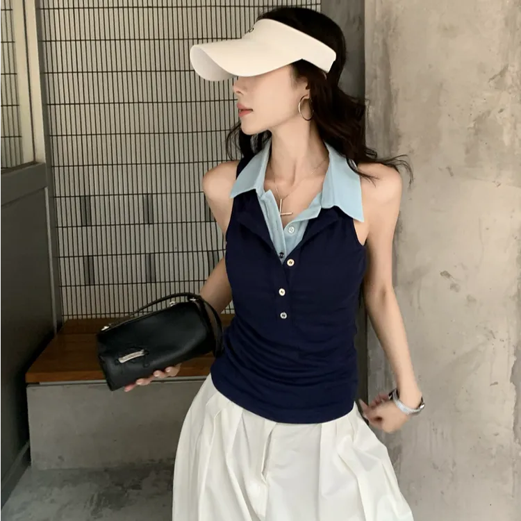 美式辣妹假两件无袖背心女夏季2025新款气质撞色修身显瘦外穿上衣