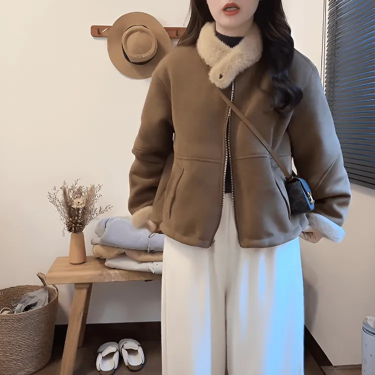 高级感立领毛毛拼接外套女秋冬宽松休闲复古加厚保暖短款夹克上衣