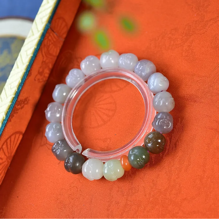 天然和田玉佛头手链女士玉石手串笑佛佛公玉石珠串手工精雕单圈