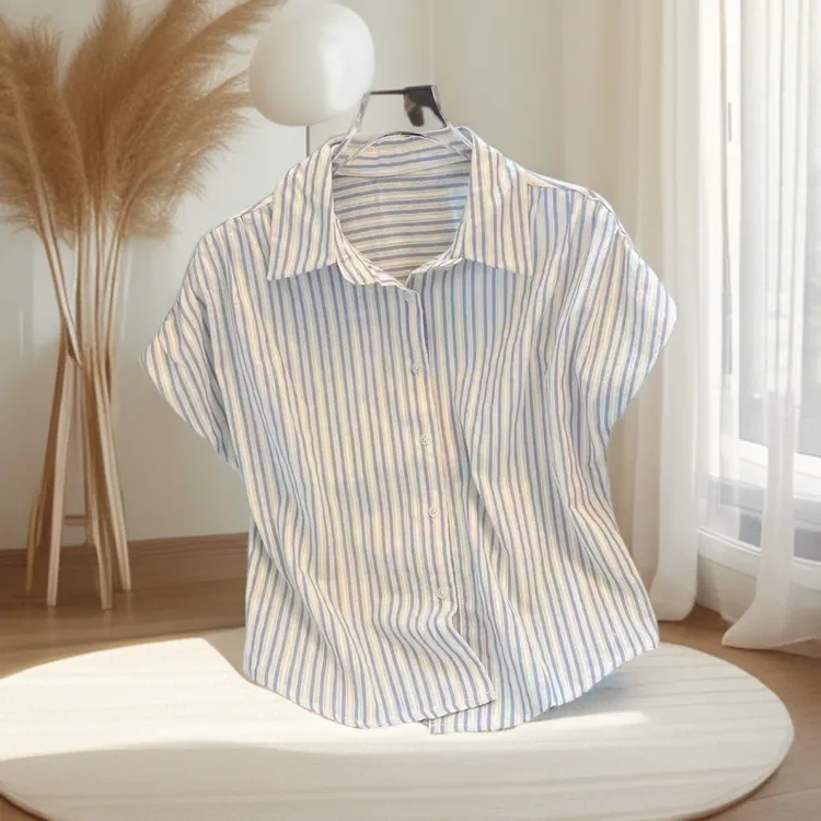 纯棉蓝色竖条纹衬衫飞飞袖夏季衬衣薄款小个子宽松显瘦设计感上衣