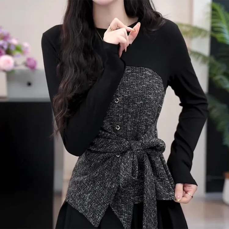 【风落枝眠】千金风拼接蝴蝶绑带圆领上衣女秋季T恤C6259